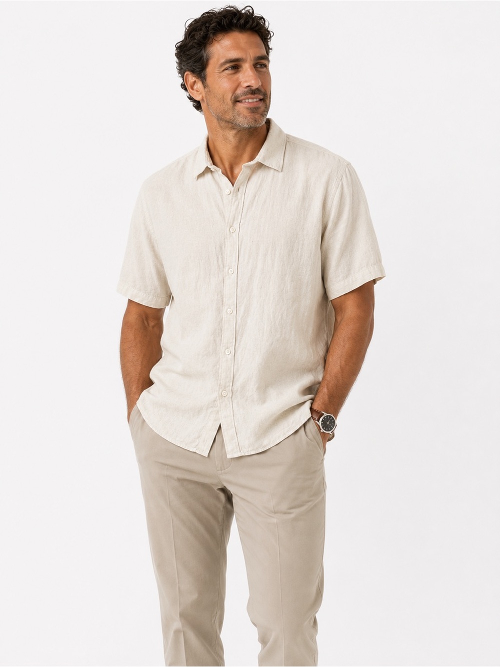 Jos A Bank Linen Blend Shirt XXL Short Sleeve Button Up Beige Tan Casual Summer